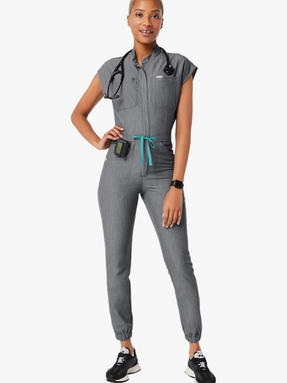 Figs Women's Grey Jumpsuit with Teal Drawstring